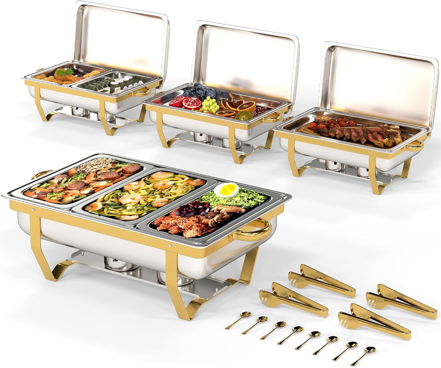 4 Pack Stainless Steel Chafing Dishes for Buffet, 9 QT Capacity 7 Pans Food Warmers for Parties, Weddings, Events Hosting, Family Gatherings, Full Set Catering Server with Serving Utensils Accessories