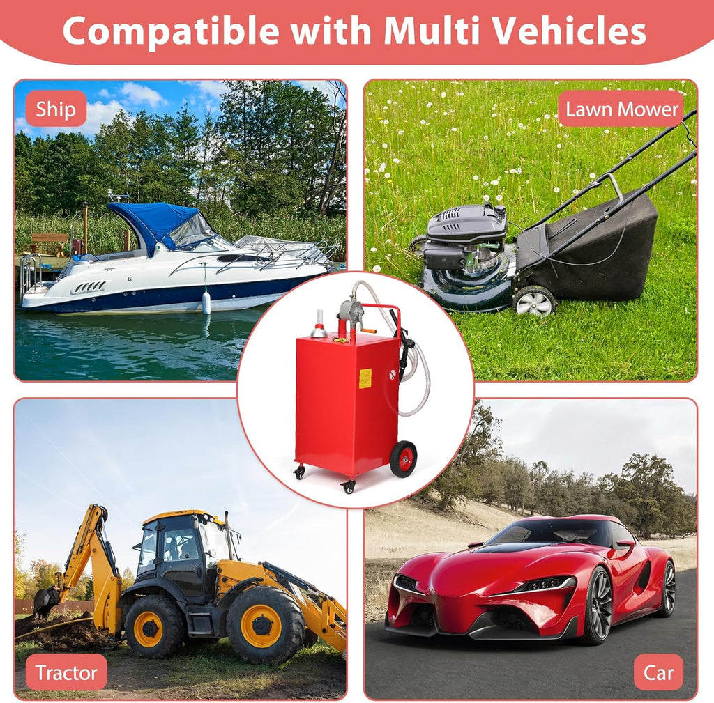 30 Gallon Fuel Caddy, Fuel Tank with Manual Transfer Pump for Gasoline & Diesel, Durable 4-Wheel Design, Mobile Fuel Storage for Cars, Trucks, Boats, Lawn Mowers, Red