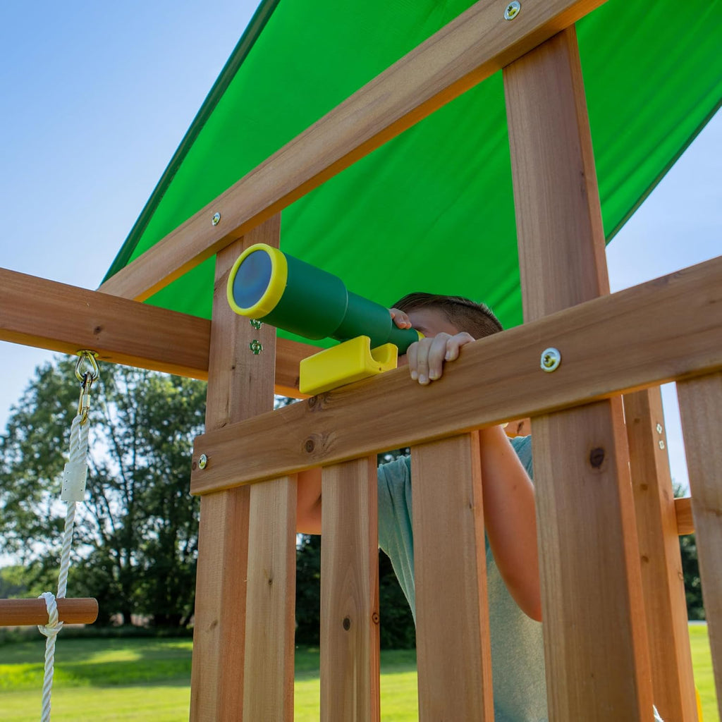 Cedar Wood Swing Set with Wave Slide, Play Deck, Double Rock Wall, Rope Ladder, Web Swing, Belt Swings, Toy Telescope, Steering Wheel, Sandbox Area, Outdoor Playset