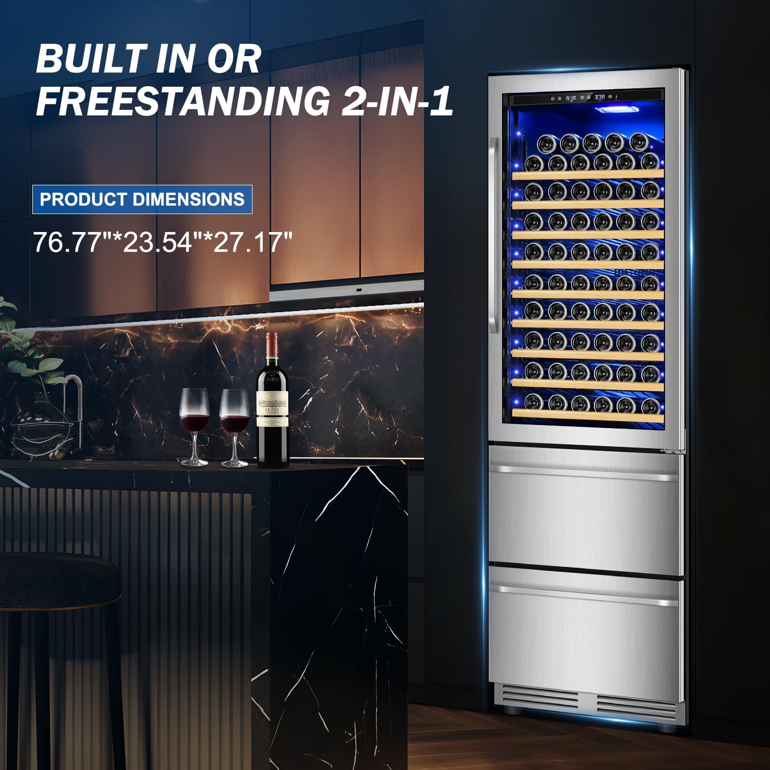 24 Inch Dual Drawer Fridge Under Counter with Wheels, Outdoor Beverage Refrigerator for Patio, Stainless Steel Weather-Proof, Freestanding or Built-In Installation, Ideal for Home and Commercial Use
