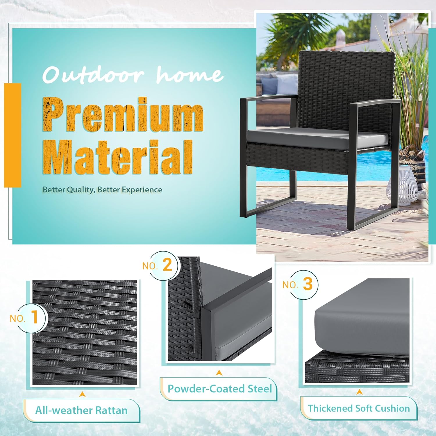 3 Pieces Patio Set Outdoor Wicker Furniture Sets Modern Rattan Chair Conversation Sets with Coffee Table for Yard and Bistro (Black)