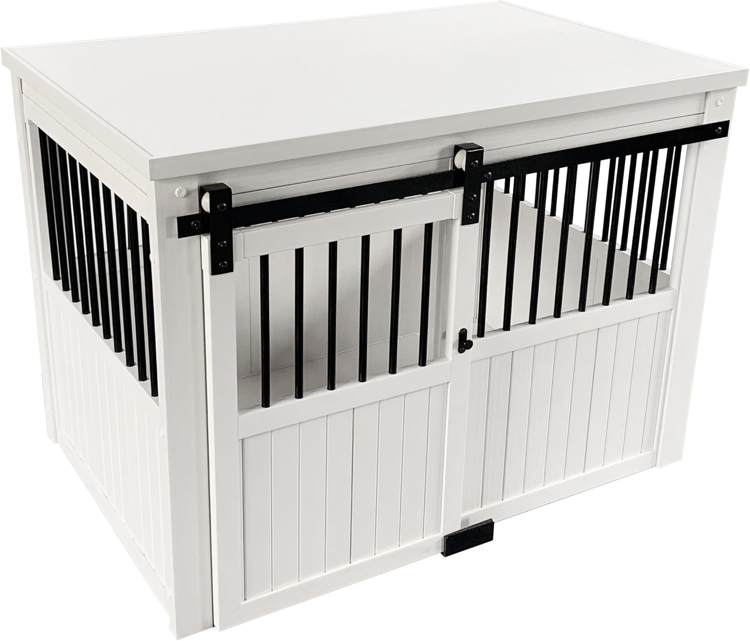 Farm sliding cowshed door furniture-style dog cage - antique white, large size. Unique style, durable and sturdy. Removable seat cushion. Easy to assemble.