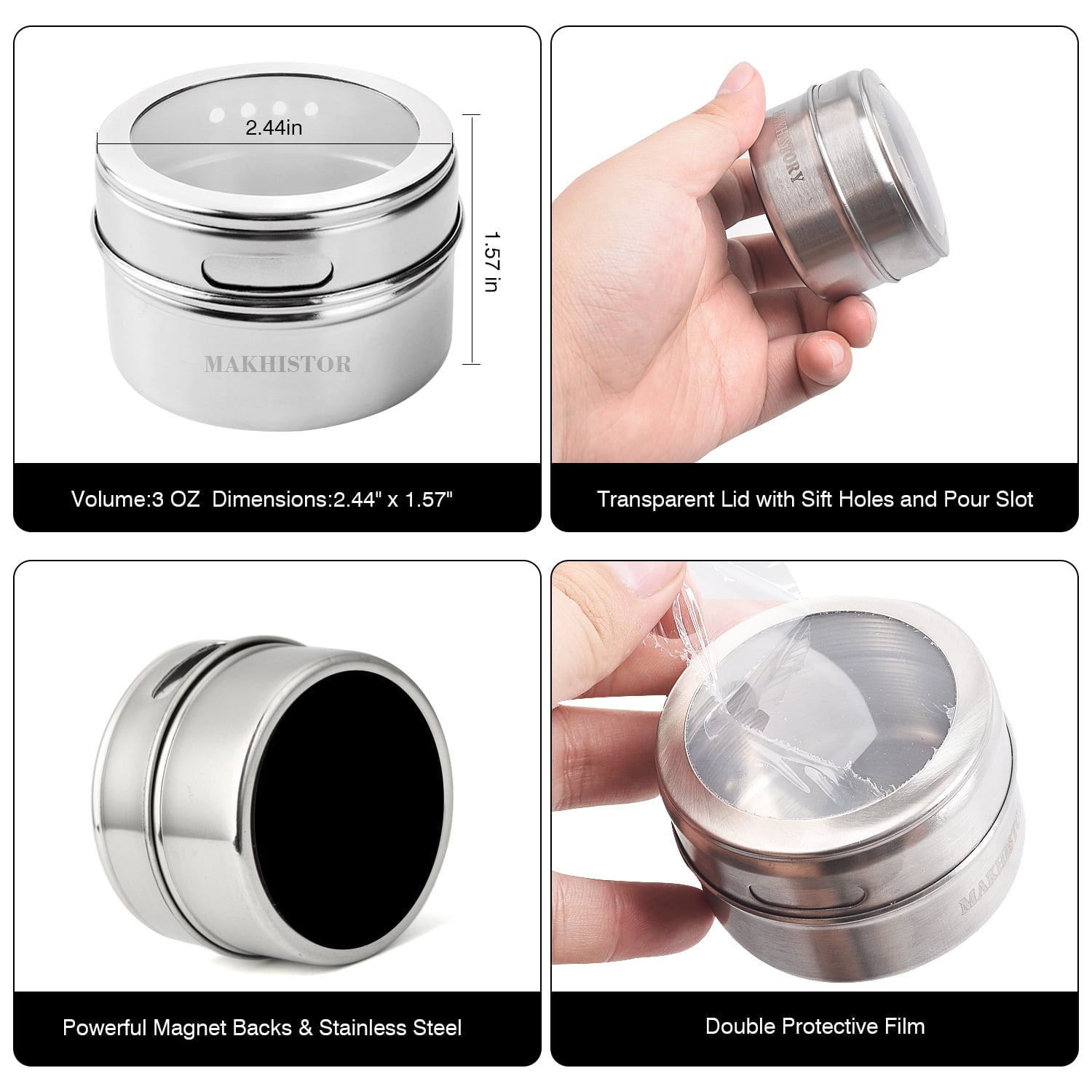 12 Pack Magnetic Spice Jars,Stainless Steel & Portable Spice Jars Storage Containers Set,96 Spice Labels & 24 Blank Labels, 1 PCS Marker Pen