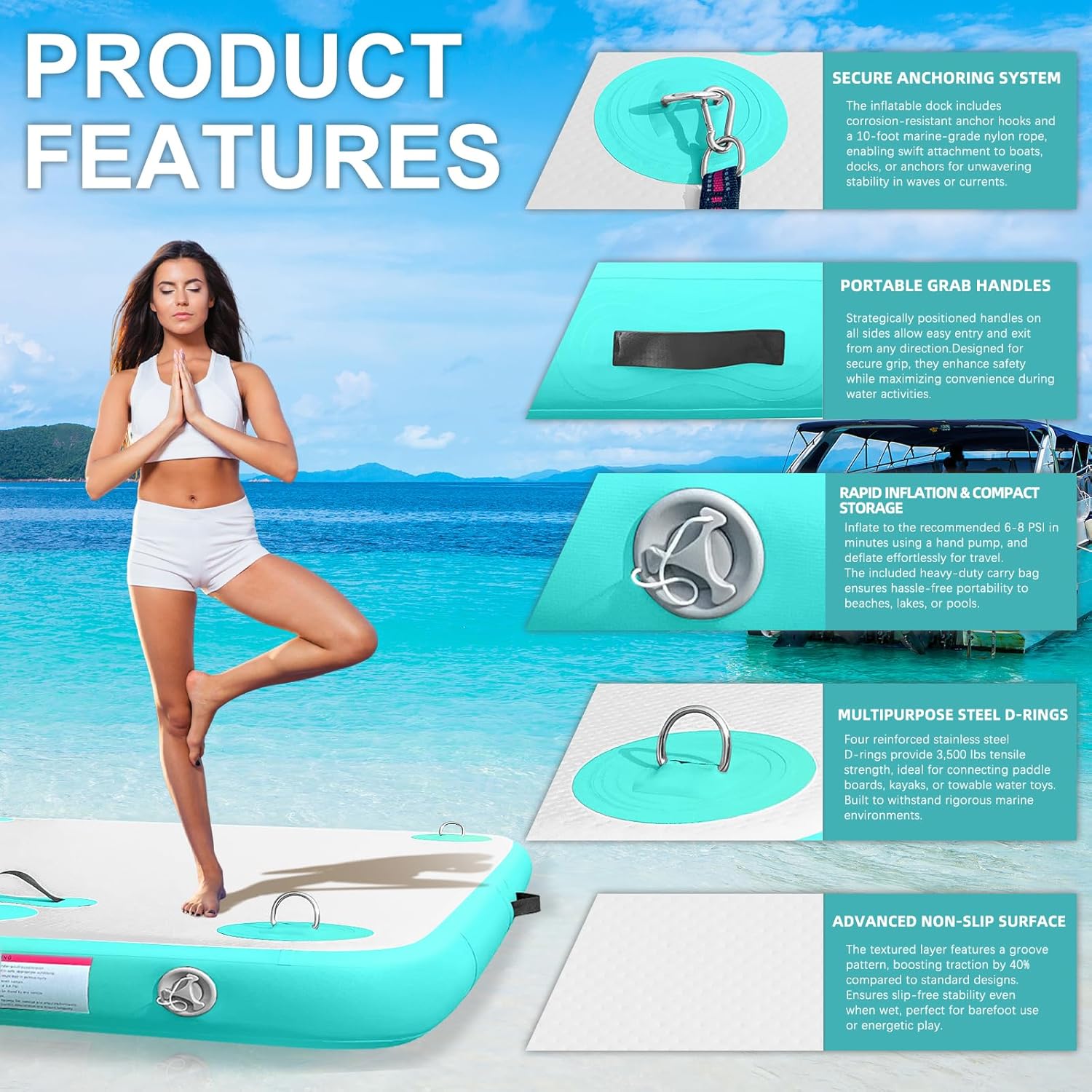 Inflatable Floating Dock Air Dock Platform Floating Island Raft with None-Slip Surface for Pool Beach Ocean