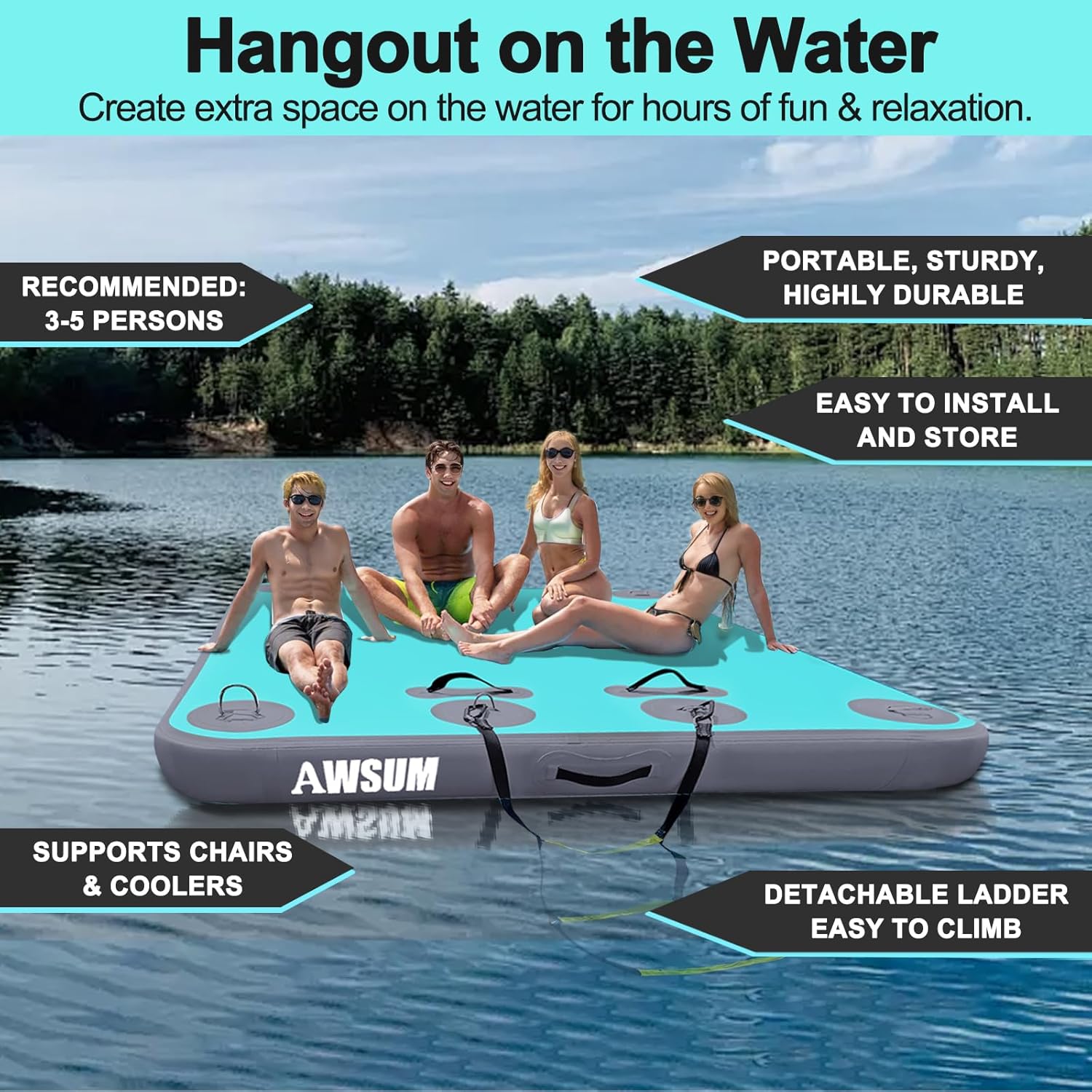Inflatable Floating Dock Air Dock Platform Floating Island Raft with None-Slip Surface for Pool Beach Ocean
