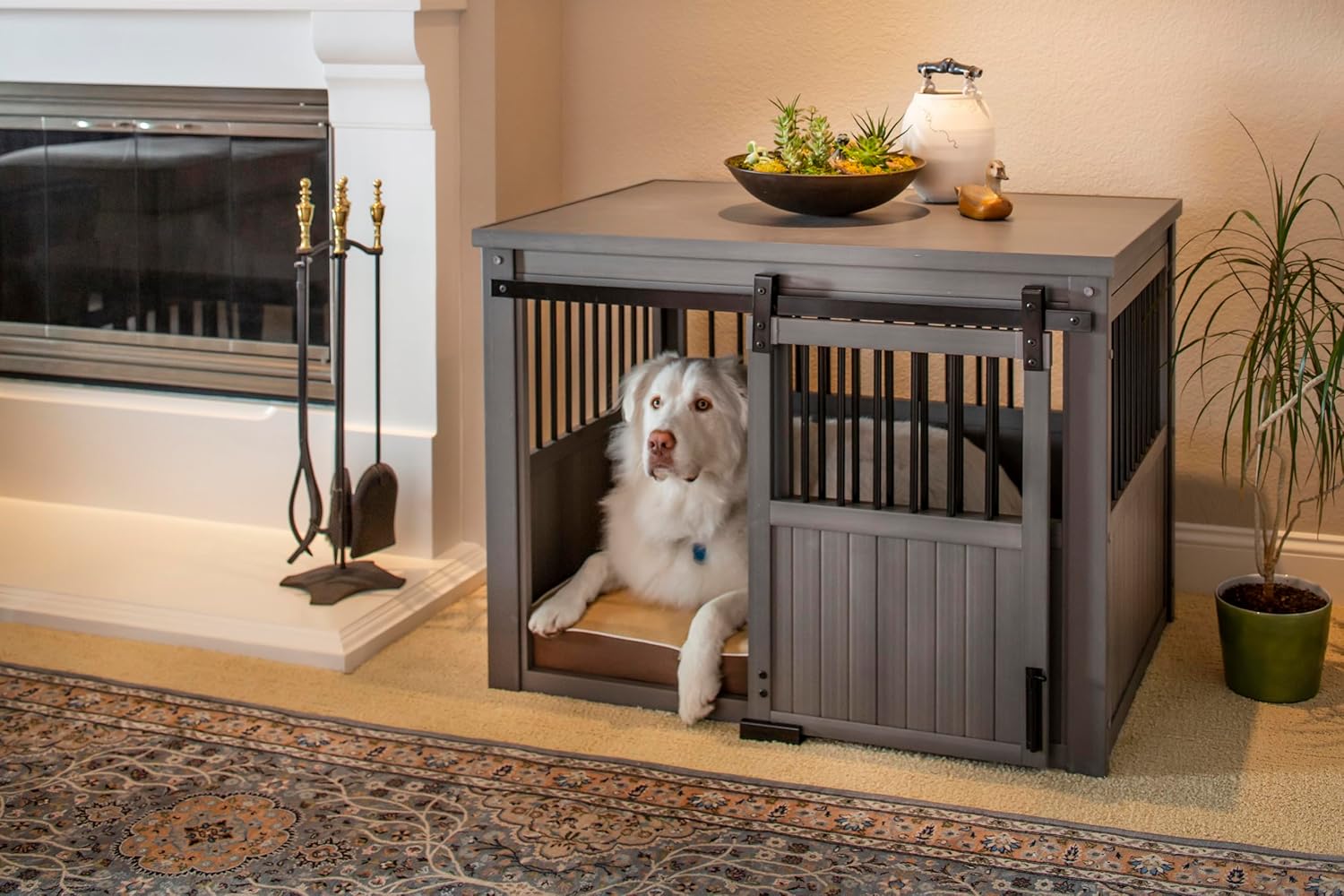Farm sliding cowshed door furniture-style dog cage - antique white, large size. Unique style, durable and sturdy. Removable seat cushion. Easy to assemble.