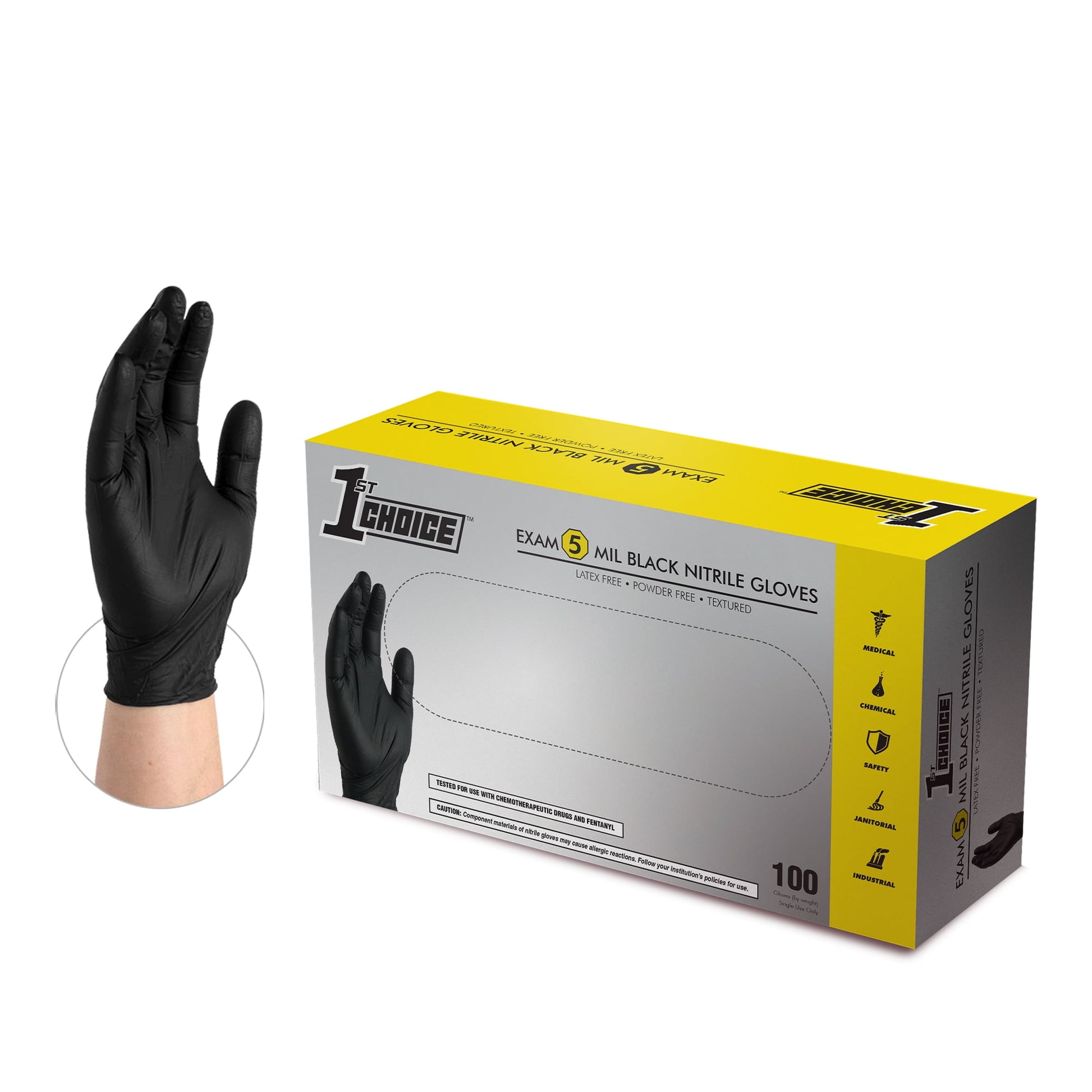 1st Choice 5mil Black Nitrile Exam Grade Chemo-Rated & Fentanyl Resistant Disposable Gloves, Small, 100
