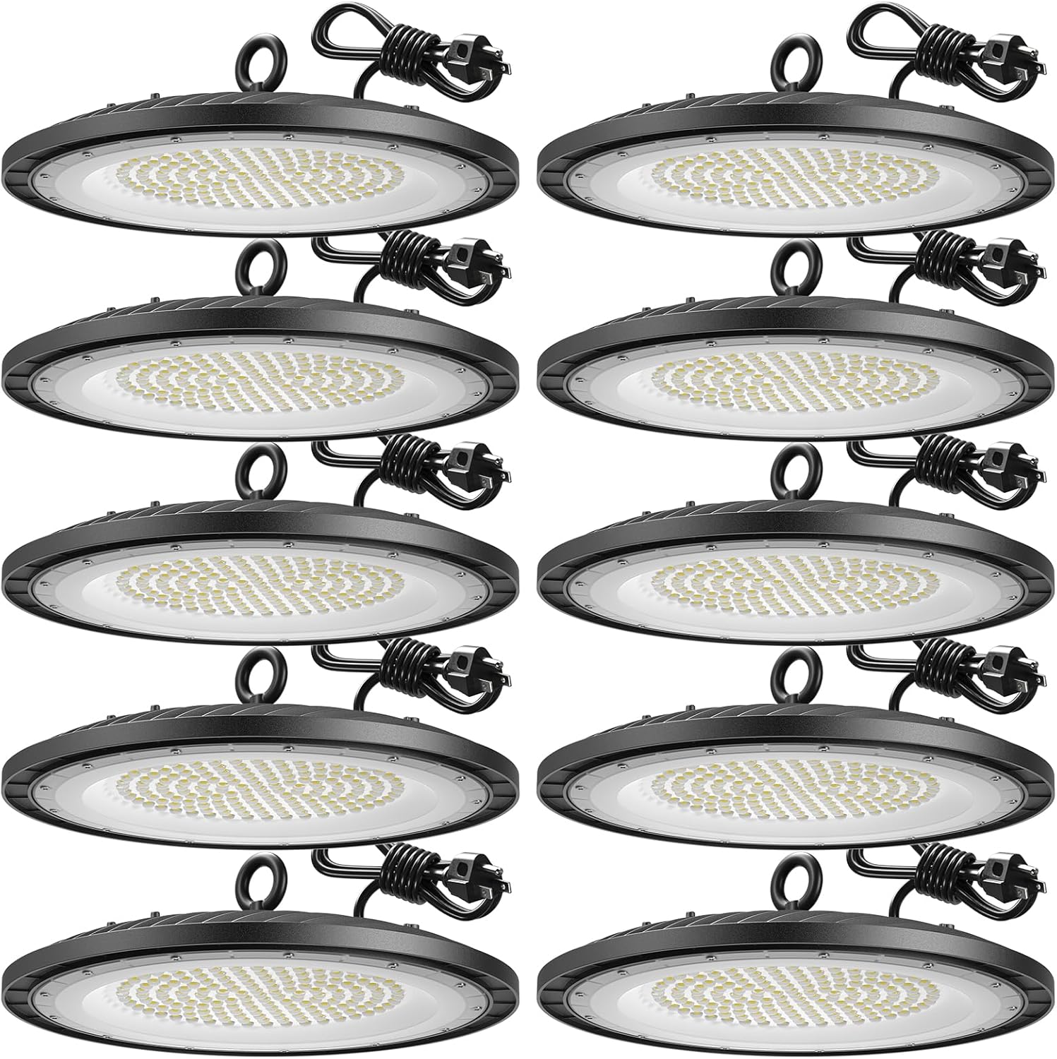 200-watt, 10 sets of UFO lamps, LED ceiling lights, 28,000 lumens, 5000K LED ceiling lights, 5-foot cable, can replace 650-watt metal halide/hot mercury lamps, suitable for gyms, factories, barns and warehouses.