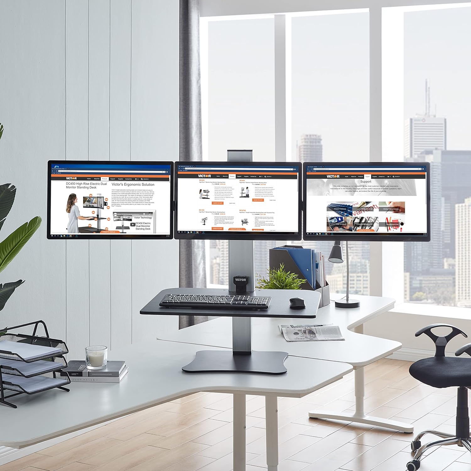 High-position electric triple monitor adjustable desk | Sit-stand dual-purpose work desk for three screens | 28-inch wide work surface | Compatible with any standard desktop | Adjustable monitor stand
