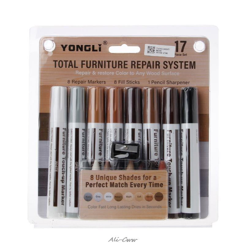 17Pcs Furniture Touch Up Kit Markers & Filler Sticks Wood Scratches Restore Kit Scratch Patch Paint Pen Wood Composite Repair
