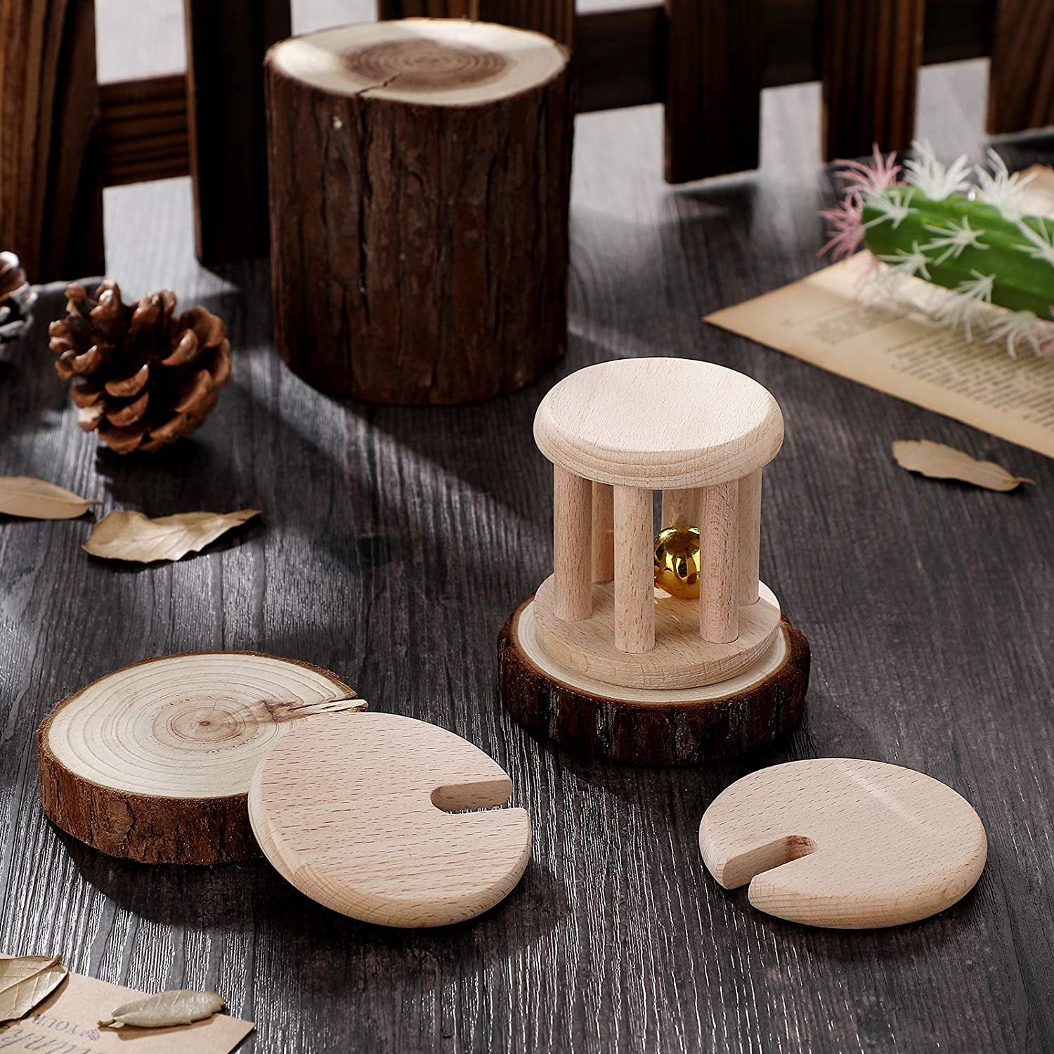 2 Pieces Wooden Rattle Wood Interlocking Discs Montessori Toys Wooden Teether Toys Wooden Rattle with Bell Nice Gift for Baby Boys and Girls Birthday Party Favor