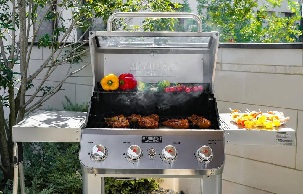 Grills 4-Burner Liquid Propane Gas Grill, Silver Stainless Steel Grill Outdoor Patio Garden Barbecue Grill with Clearview® Lid and One Foldable Shelf, Mesa400MF