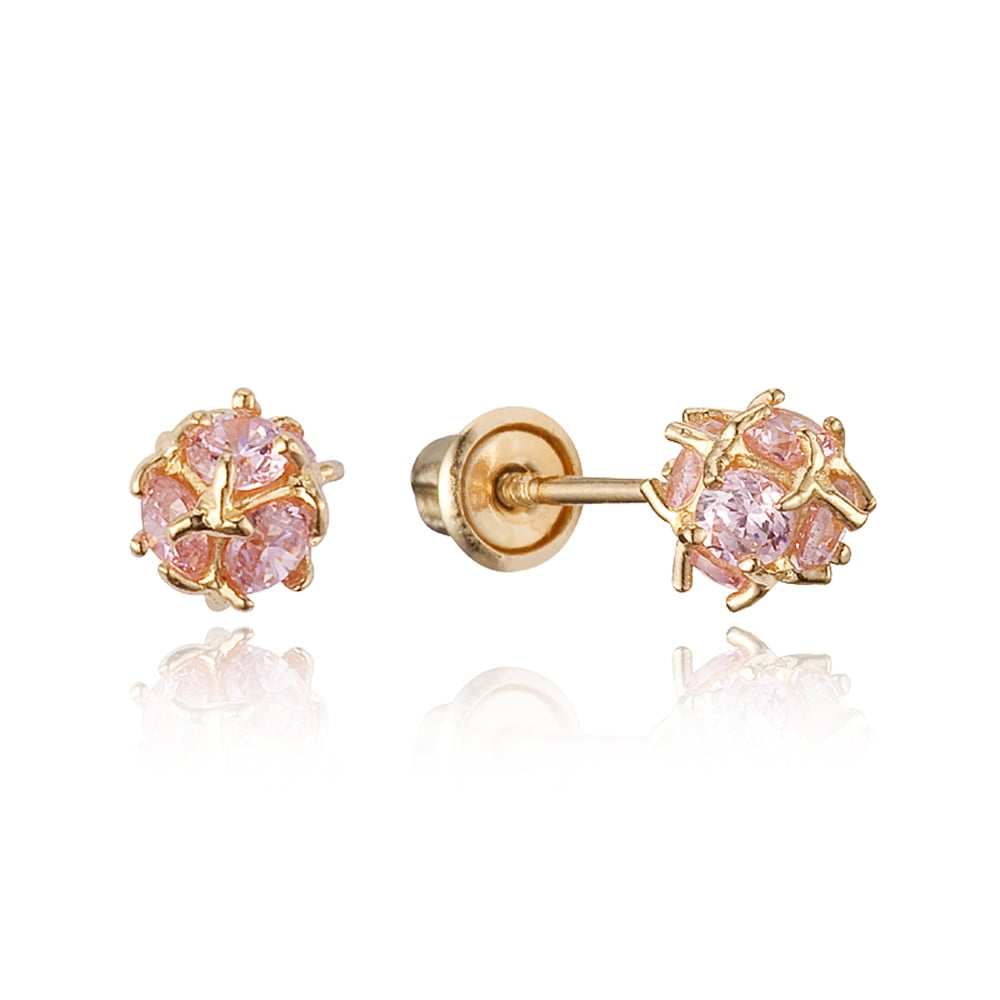 14k Yellow Gold Pink Ball Cubic Zirconia Children Screwback Baby Girls Earrings