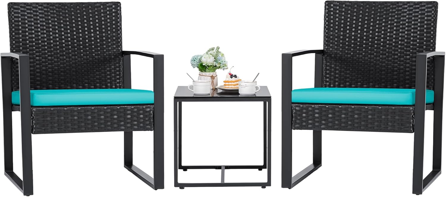 3 Pieces Patio Set Outdoor Wicker Furniture Sets Modern Rattan Chair Conversation Sets with Coffee Table for Yard and Bistro (Black)