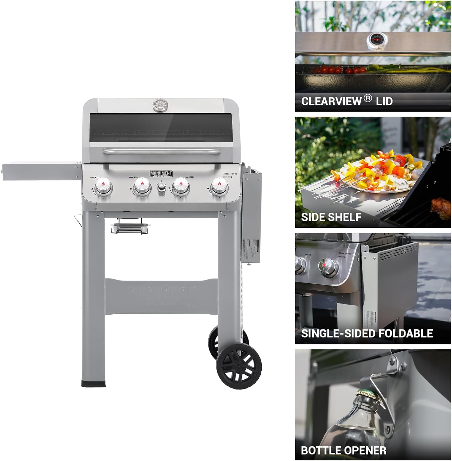 Grills 4-Burner Liquid Propane Gas Grill, Silver Stainless Steel Grill Outdoor Patio Garden Barbecue Grill with Clearview® Lid and One Foldable Shelf, Mesa400MF