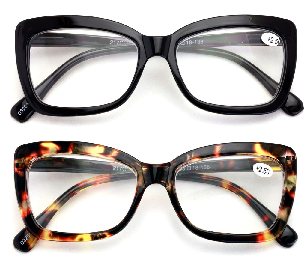2 Pairs Women Big Lens Butterfly Reading Glasses – Fun Cateye Clear Lens Readers – Black Tortoise