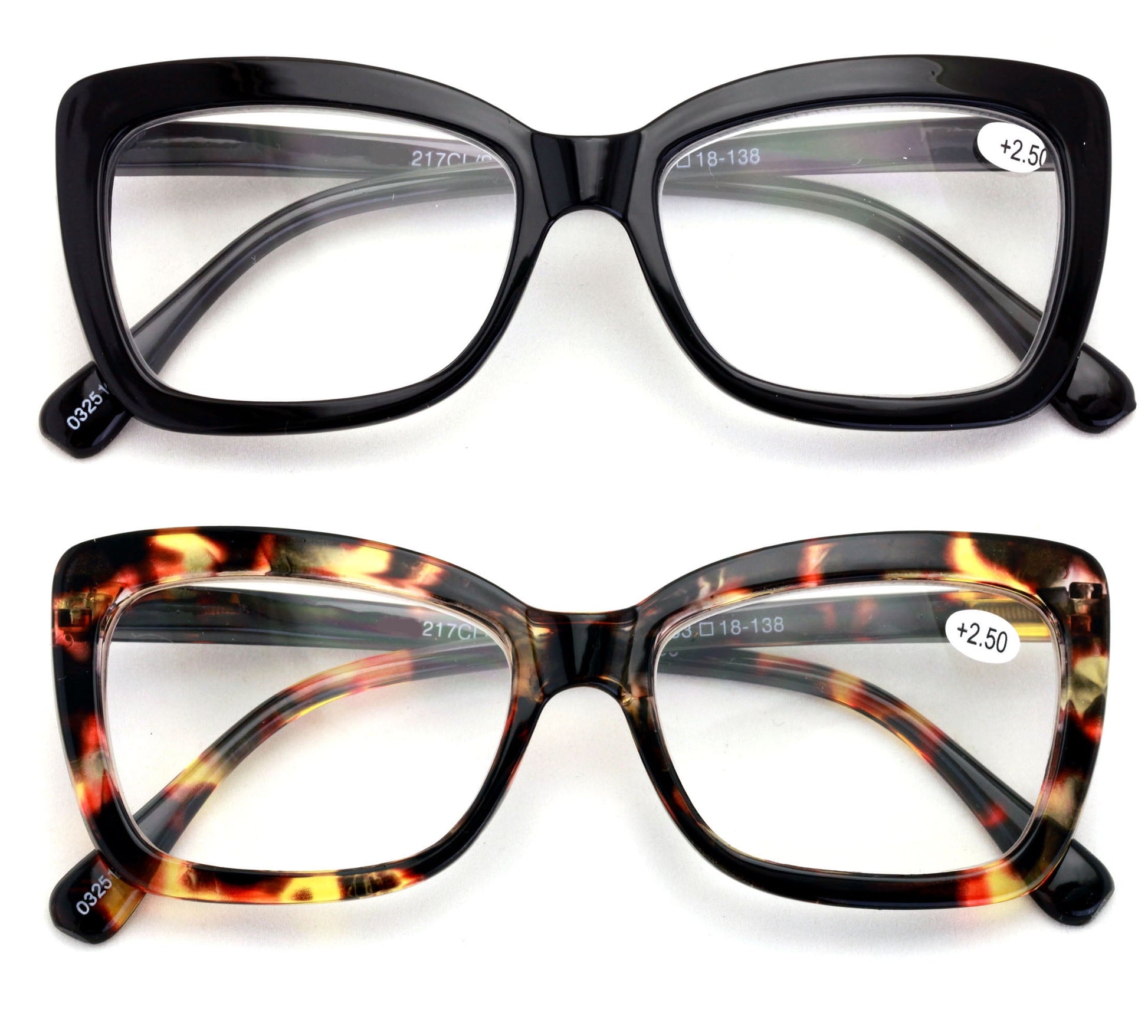 2 Pairs Women Big Lens Butterfly Reading Glasses – Fun Cateye Clear Lens Readers – Black Tortoise