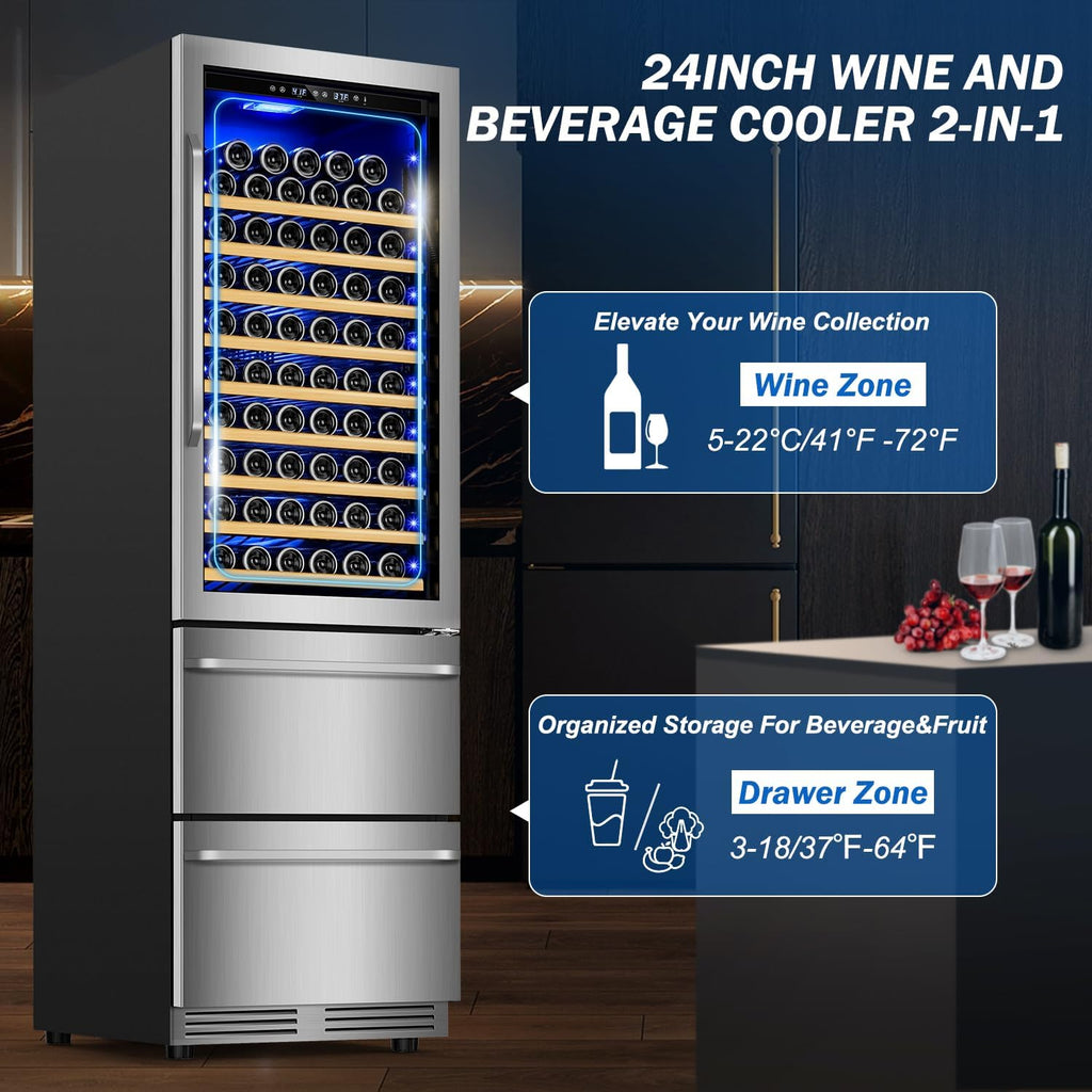 24 Inch Dual Drawer Fridge Under Counter with Wheels, Outdoor Beverage Refrigerator for Patio, Stainless Steel Weather-Proof, Freestanding or Built-In Installation, Ideal for Home and Commercial Use
