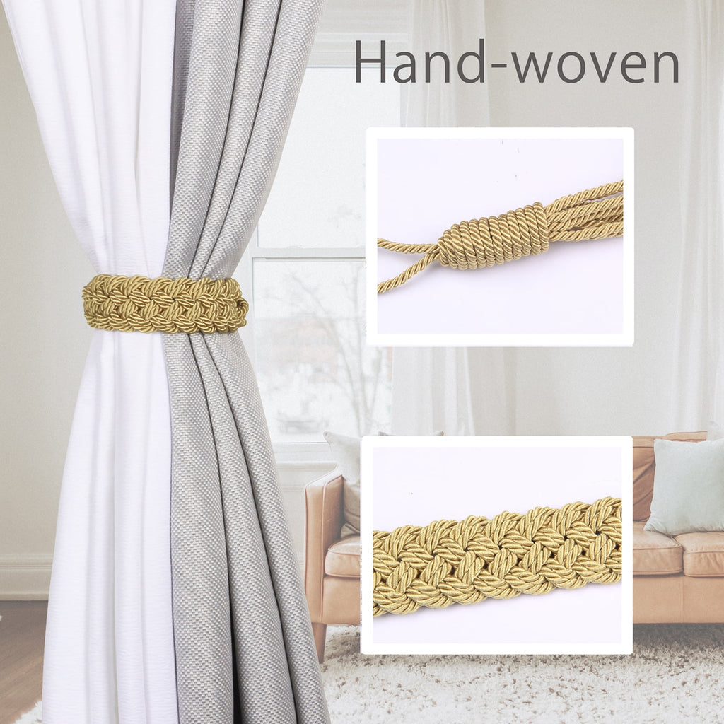 2 Pack Curtain Tiebacks Handmade Curtain Rope Tie-backs Decorative Drapery Holdbacks (Golden)
