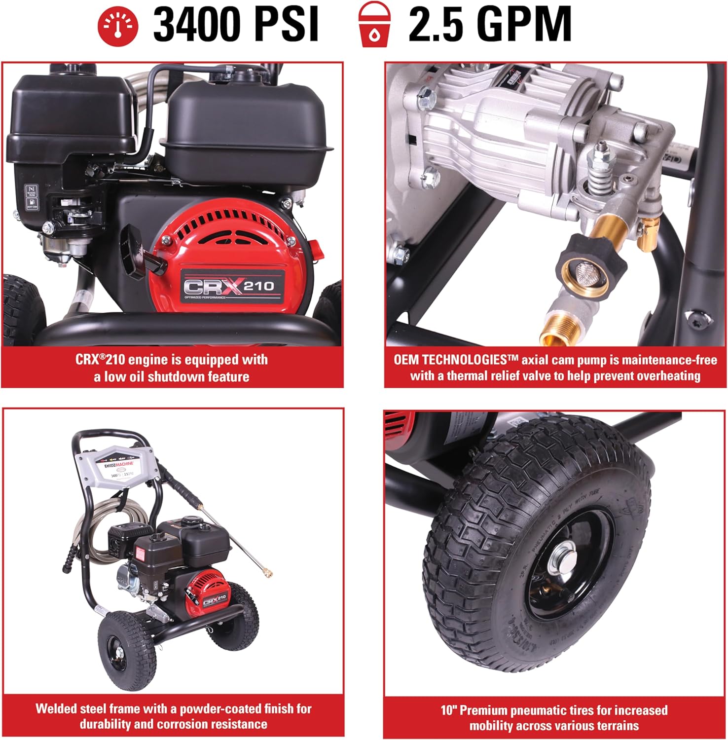 Cleaning CM61083 Clean Machine 3400 PSI Gas Pressure Washer, 2.5 GPM, CRX Engine, Includes Spray Gun and Wand, 4 QC Nozzle Tips, 5/16-in. x 25-ft. MorFlex Hose.