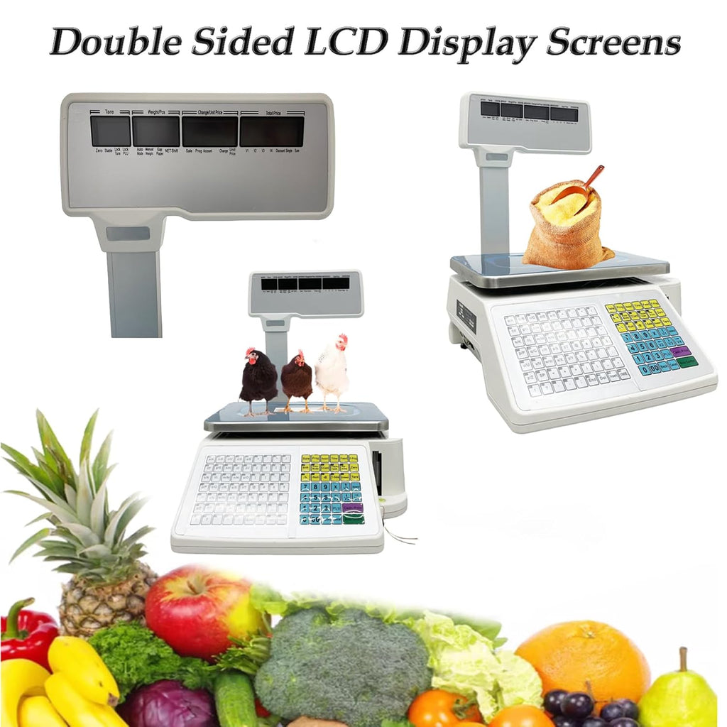 Commercial digital scale, equipped with thermal printer, 4 window vertical double-sided LCD display, capable of printing labels, maximum load capacity of 66 pounds, 110 volts, portable, suitable for warehouses, restaurants, bakeries