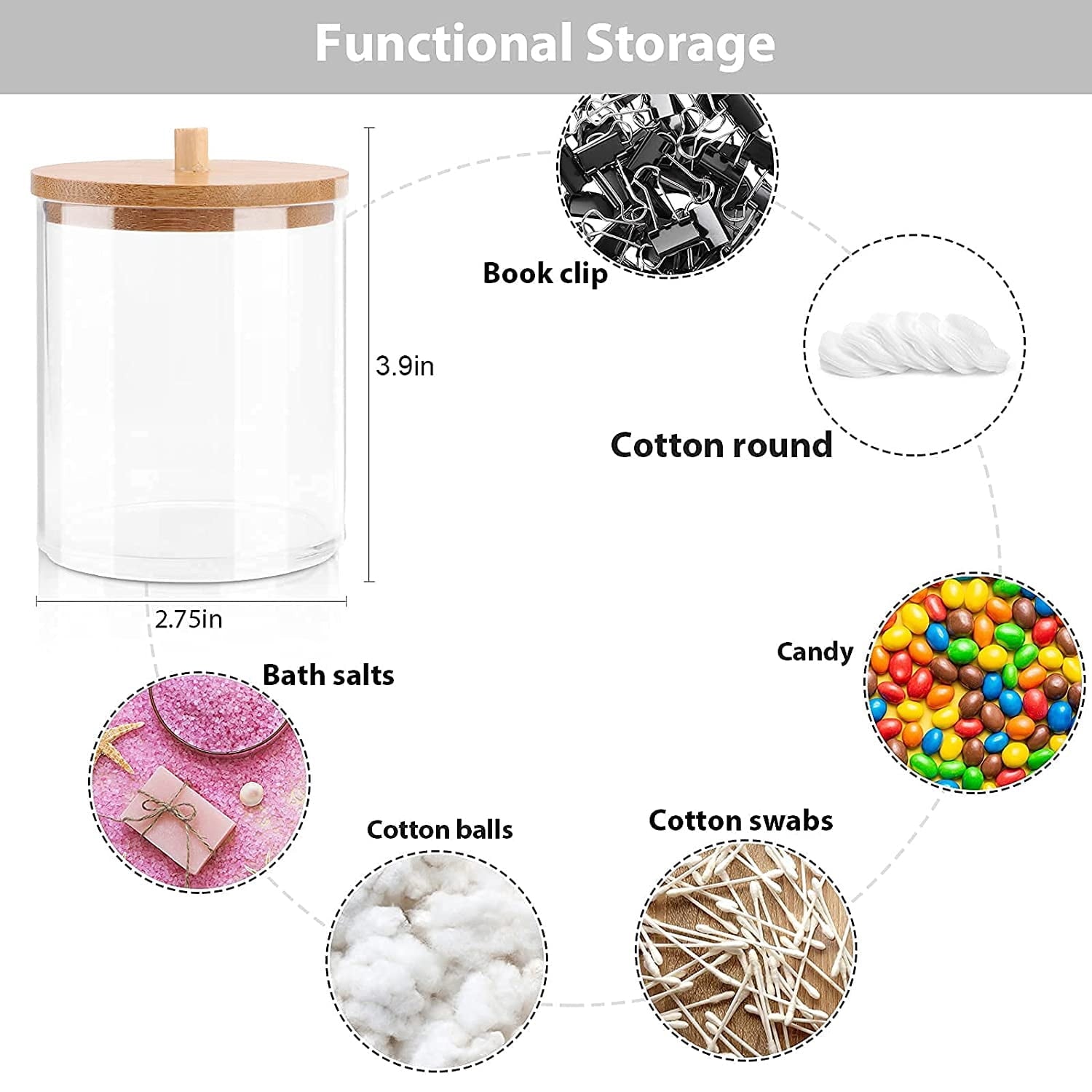 2 PCS Acrylic Qtip Holder Dispenser Bathroom Jars with Bamboo Lids, Cotton Ball Pad Round Swab Holder for Bathroom Accessories Storage Organizer