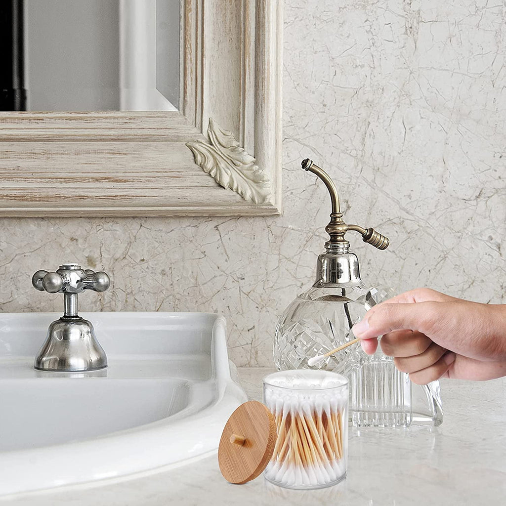 2 PCS Acrylic Qtip Holder Dispenser Bathroom Jars with Bamboo Lids, Cotton Ball Pad Round Swab Holder for Bathroom Accessories Storage Organizer