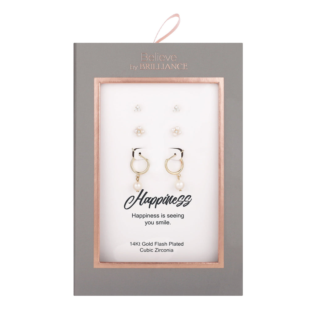 14kt Gold Flash-Plated Cubic Zirconia and Simulated Pearl Hoop Earring Trio
