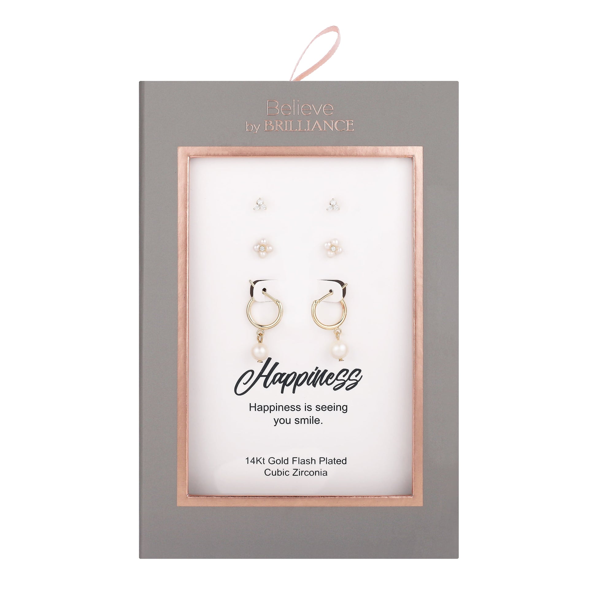 14kt Gold Flash-Plated Cubic Zirconia and Simulated Pearl Hoop Earring Trio
