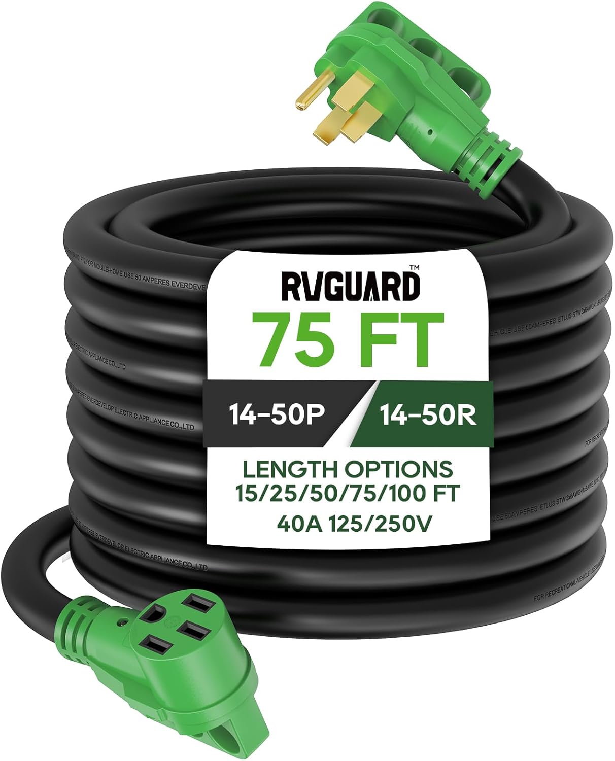 50 Amp 50 Foot RV/EV Extension Cord, NEMA 14-50P/R Heavy Duty Extension Cord with LED Power Indicator and Cord Organizer, Green, ETL Listed