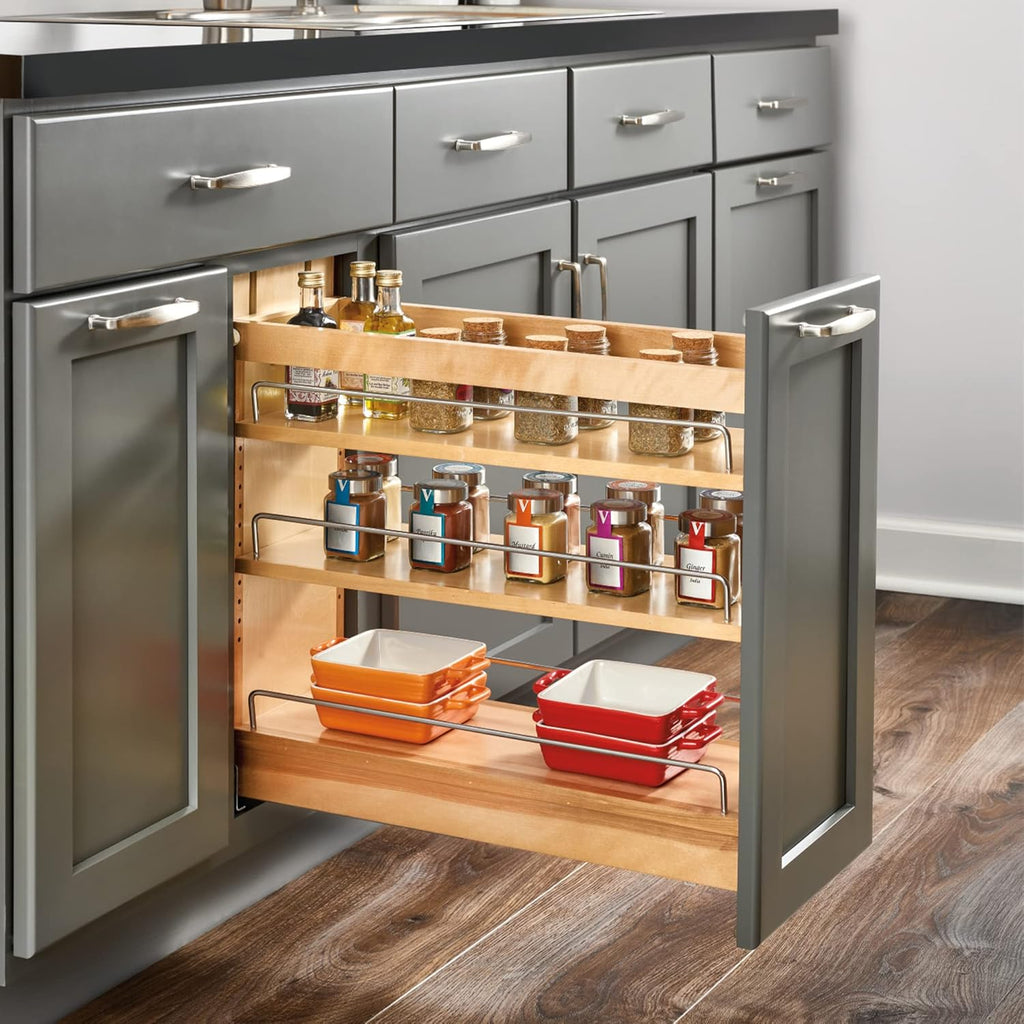 5-inch pull-out storage rack, suitable for bottom cabinets in kitchens/bathrooms, with a soft-closing slide rail for a spice rack/food storage rack, made of wood material