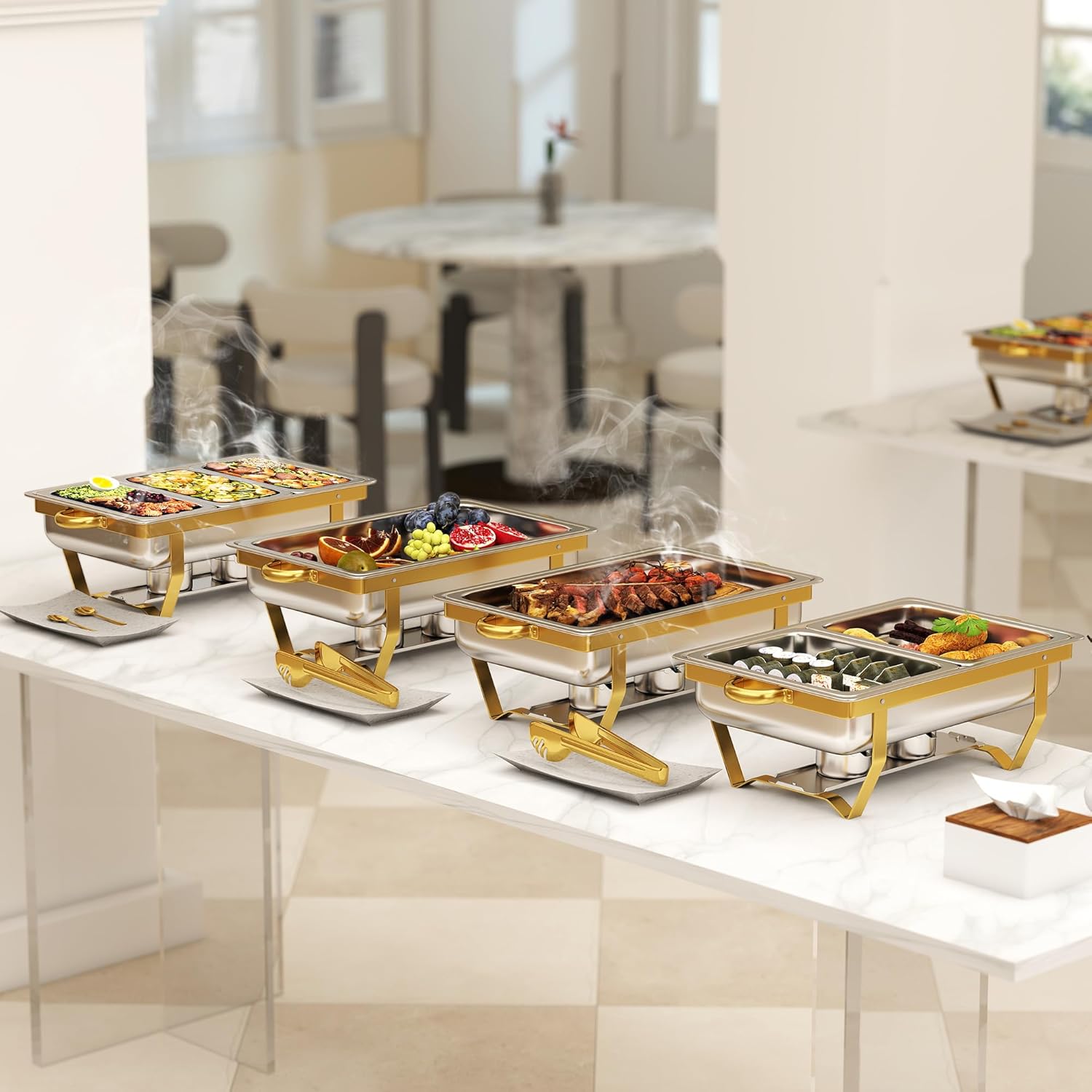 4 Pack Stainless Steel Chafing Dishes for Buffet, 9 QT Capacity 7 Pans Food Warmers for Parties, Weddings, Events Hosting, Family Gatherings, Full Set Catering Server with Serving Utensils Accessories