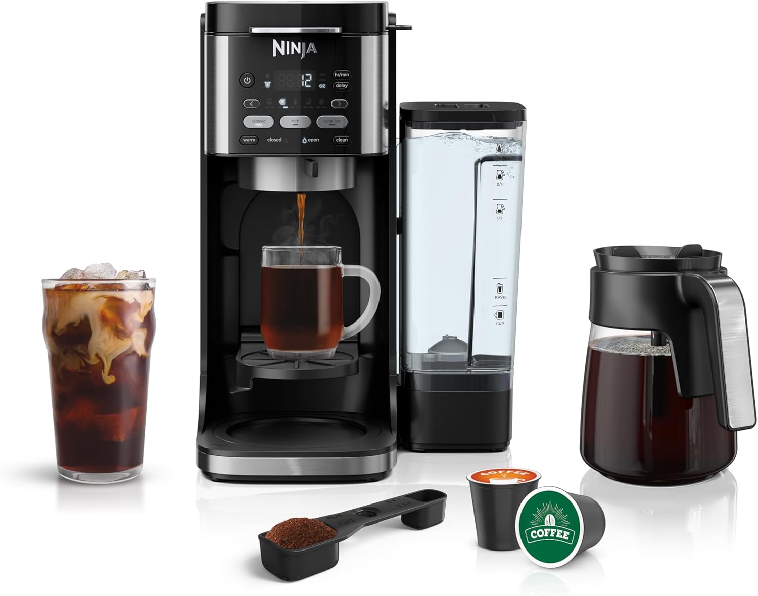 Coffee Machine | Dual Brewing Single-Port System | 4 Brewing Modes | Keep-Warm Function and Built-in Foaming Device | 14 Glass Filters and Removable 70-Ounce Water Tank | Black