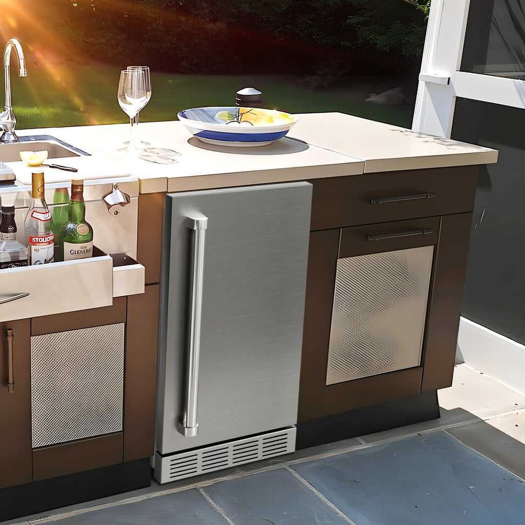 15 Inch Outdoor Refrigerator, Weather Proof Stainless Steel Beverage Beer Cooler Under Counter Fridge, Indoor/Outdoor Refrigerator with 3 Shelves for Patio Kitchen and Commercial Use
