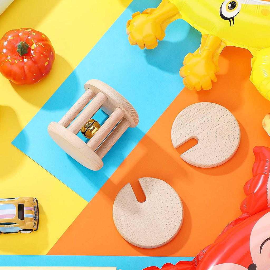 2 Pieces Wooden Rattle Wood Interlocking Discs Montessori Toys Wooden Teether Toys Wooden Rattle with Bell Nice Gift for Baby Boys and Girls Birthday Party Favor