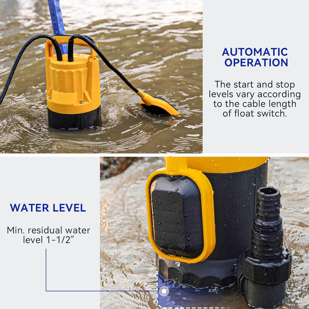 3/4HP Submersible Sewage Effluent Pump, Cast Iron, 115V 6400 GPH Automatic Tethered Float Switch, Sump Pump for Sump Basin, Basement, Residential Sewage, 2'' NPT Discharge