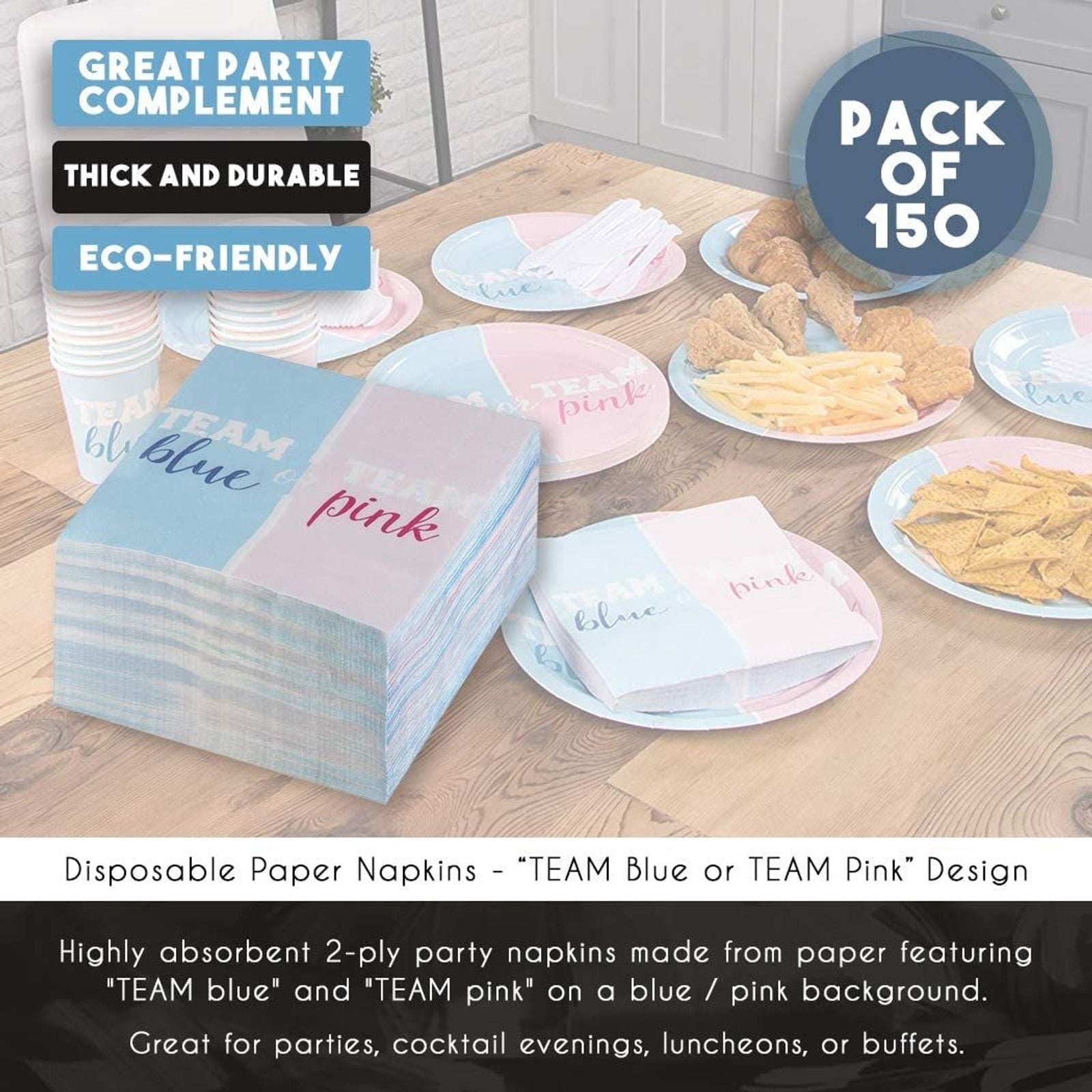 150-Pack Team Blue or Pink Party Napkins, 2-Ply Disposable Paper Luncheon Napkins for Gender Reveal, Baby Shower Supplies, Folded 6.5 inches