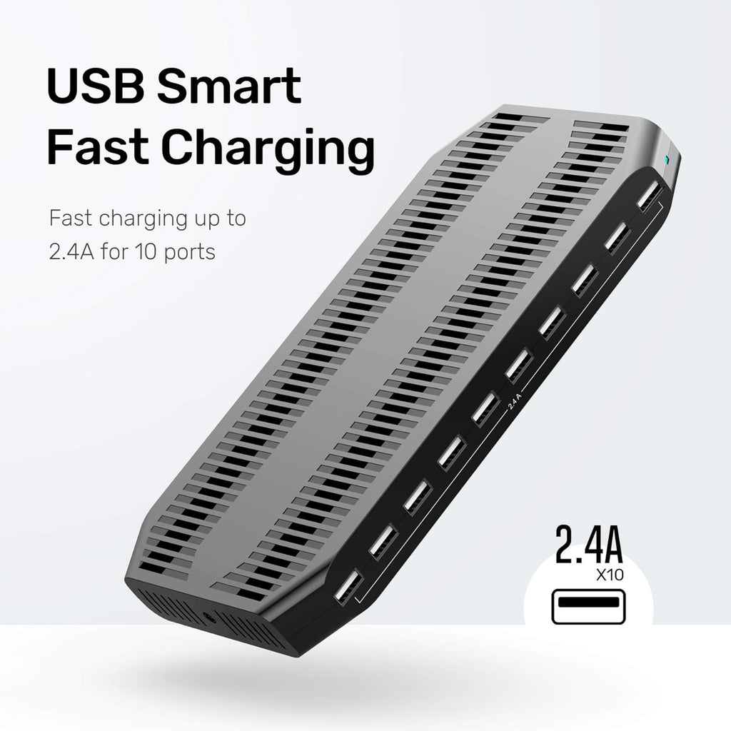 A charging interface station with 10 USB fast charging ports and adjustable partitions, suitable for charging multiple devices such as iPads, iPhones, tablets and mobile phones - 5-piece set, black