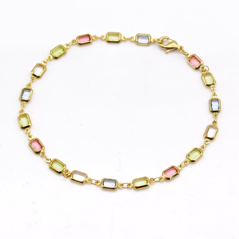 18K Gold Filled  Polish Finsh  Gold and Multi Color Light Color Crystal Baguette Anklet