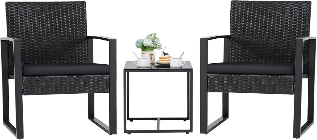 3 Pieces Patio Set Outdoor Wicker Furniture Sets Modern Rattan Chair Conversation Sets with Coffee Table for Yard and Bistro (Black)
