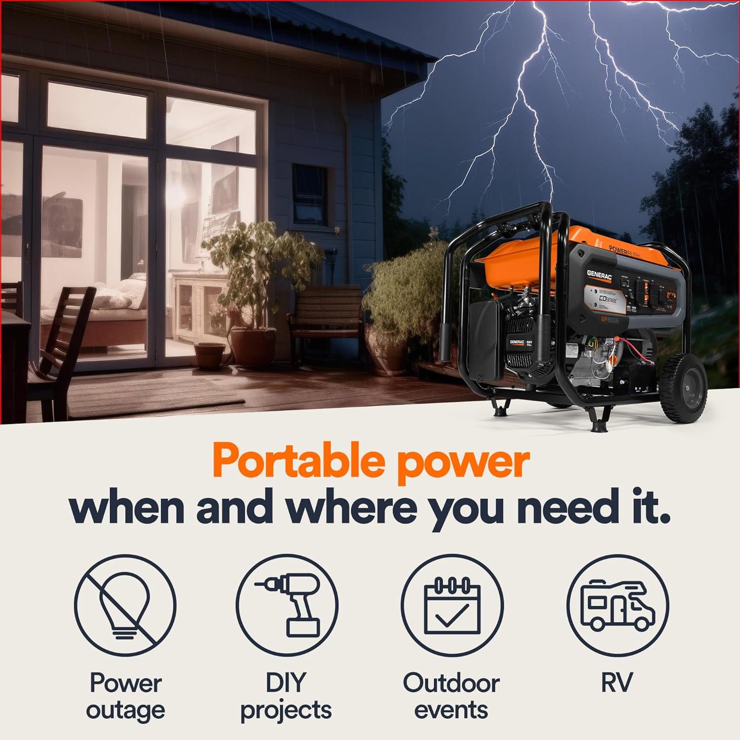 8,000-Watt Gas-Powered Portable Generator - Electric Start with COsense - PowerRush Advanced Technology - Reliable Power for Emergencies, Recreation, Home - 49 State Compliant - Orange/Black