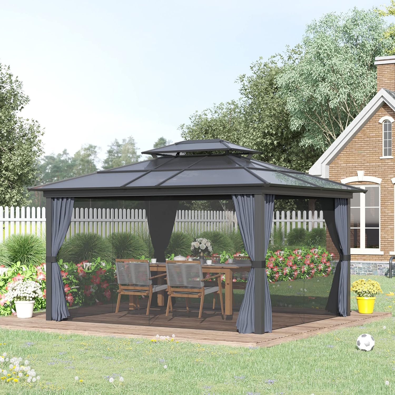10 feet x 12 feet hard-top awning canopy, polycarbonate roof, aluminum frame, permanent outdoor awning, with net cover, suitable for patios, gardens, backyards, terraces, lawns, grasslands, light gray.