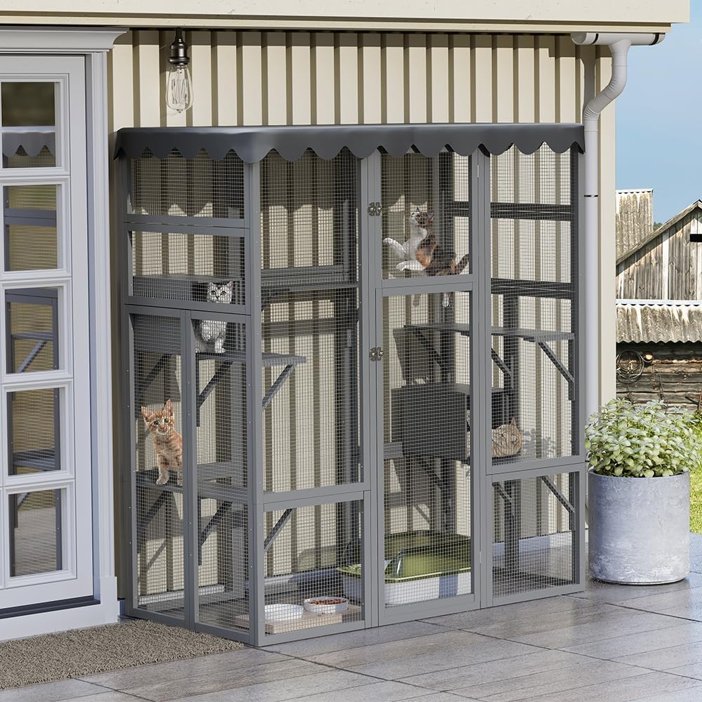 62.6-inch wooden outdoor cat house, large cat cage room, equipped with 7 platforms, 2 rest boxes and a rainproof roof, suitable for multiple pets to use. Step-in cat apartment shelter, white model