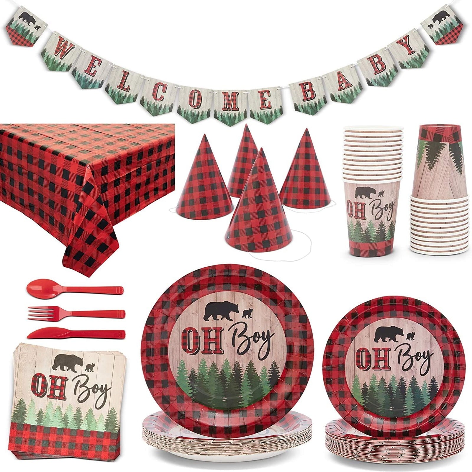 194 Piece Red Plaid Party Supplies, Disposable Dinnerware Set with Tablecloth, Hats, Banner (Serves 24)