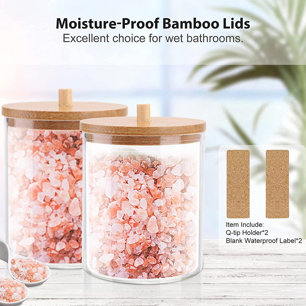 2 PCS Acrylic Qtip Holder Dispenser Bathroom Jars with Bamboo Lids, Cotton Ball Pad Round Swab Holder for Bathroom Accessories Storage Organizer