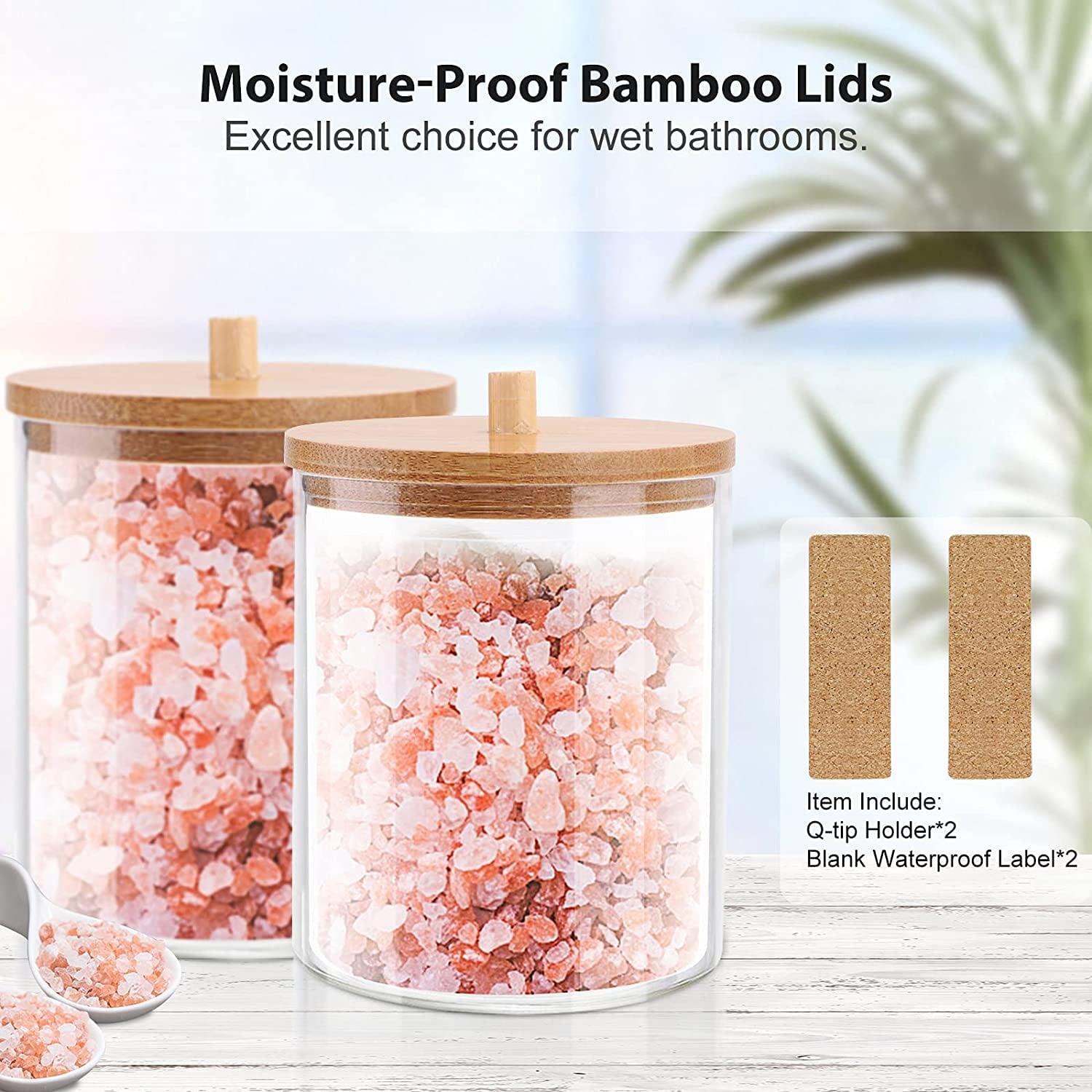 2 PCS Acrylic Qtip Holder Dispenser Bathroom Jars with Bamboo Lids, Cotton Ball Pad Round Swab Holder for Bathroom Accessories Storage Organizer
