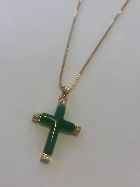 14K Solid Gold with Authentic Jade Stone. cross 18′ chain