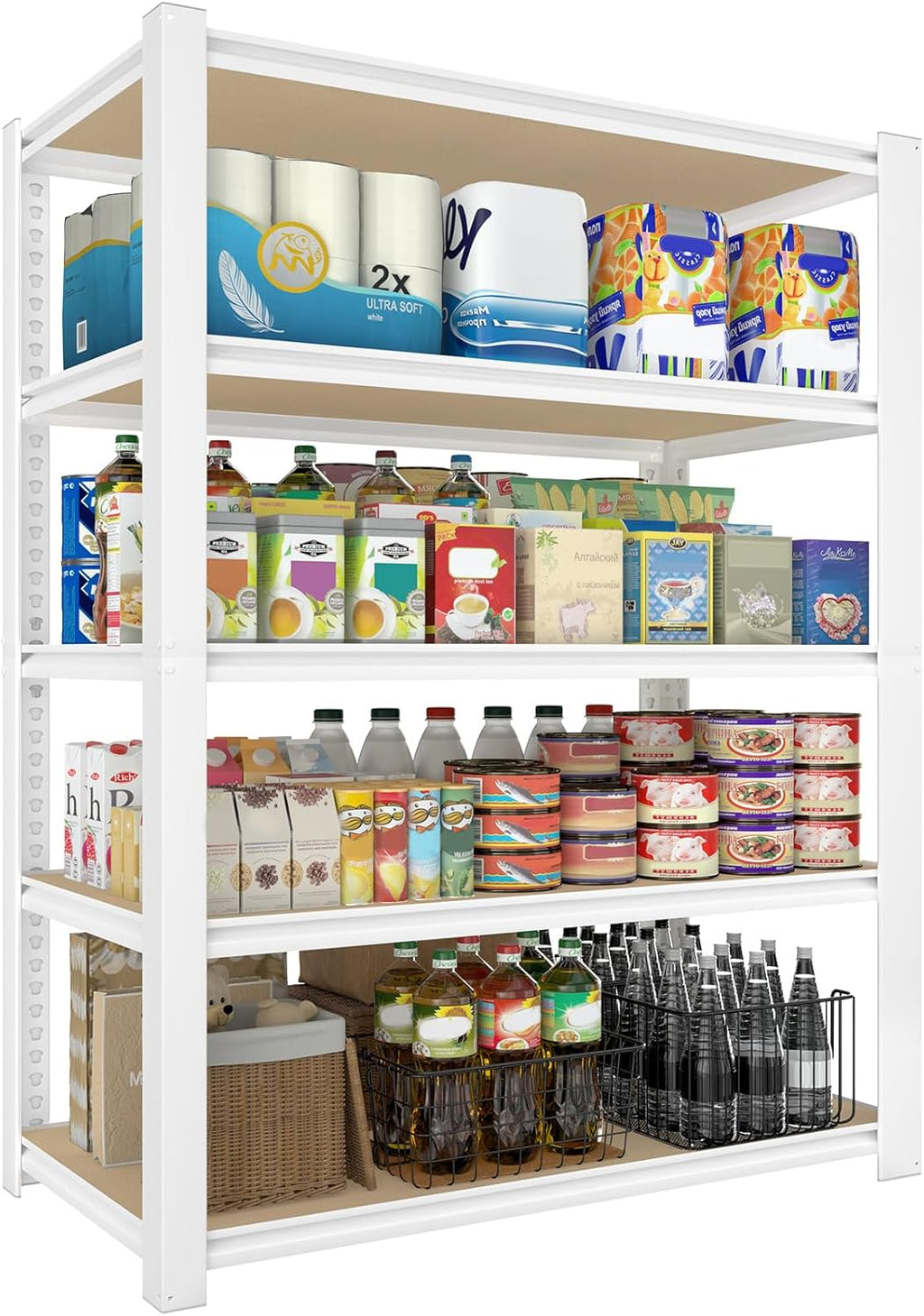 28-inch wide x 12-inch deep x 59-inch high closet storage rack - 5 layers of white metal connected shelves, adjustable heavy-duty garage shelves, practical shelf-style storage rack for kitchen storage, 4-piece set