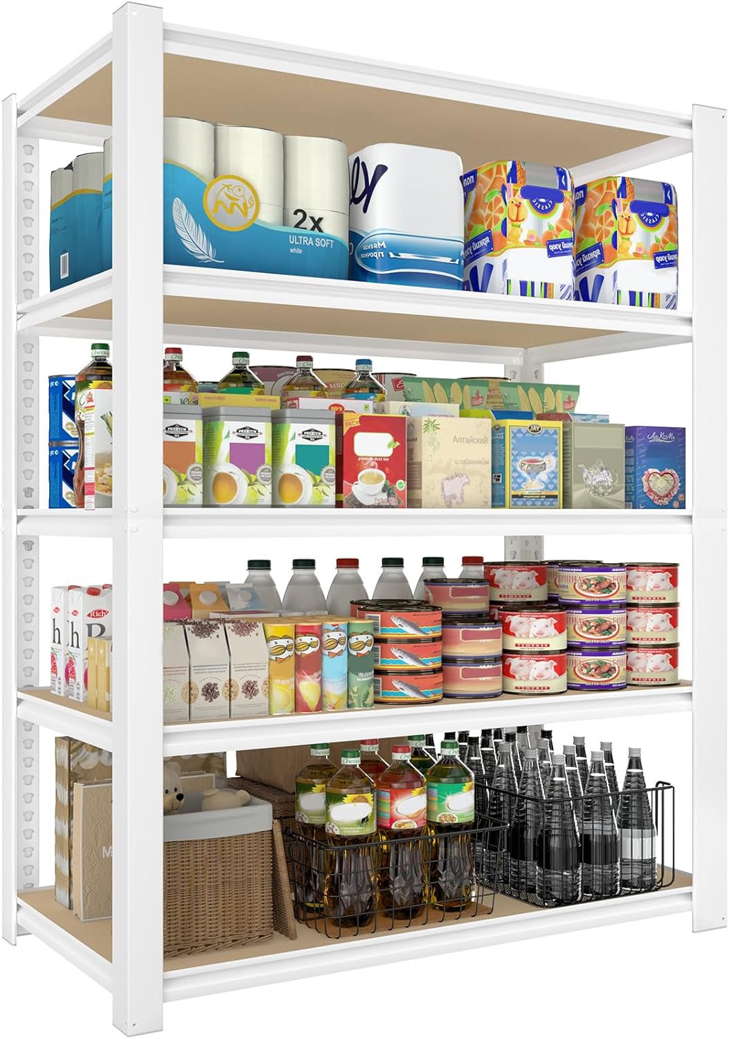 28-inch wide x 12-inch deep x 59-inch high closet storage rack - 5 layers of white metal connected shelves, adjustable heavy-duty garage shelves, practical shelf-style storage rack for kitchen storage, 4-piece set