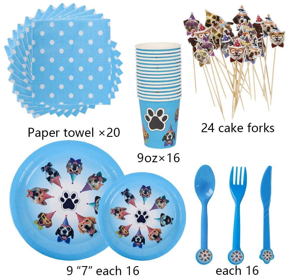 168 Pcs Dog Party Supplies Set Tableware Kit, Dog Birthday Banner Cupcake Toppers, Disposable Plates Cups Cutlery Napkins Balloons for Paw Puppy Kids Birthday